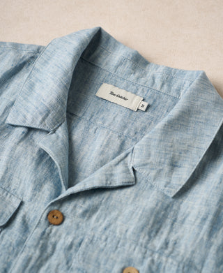 neckline detail of Yarn-dyed Linen Camp-Collar Shirt - Washed Blue