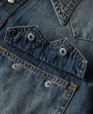 Slub Denim Snap Button Western Shirt - Washed Indigo