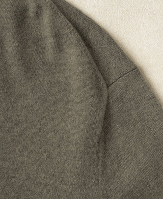 Merino wool crewneck sweater in grayish green, shoulder and sleeve seam detail
