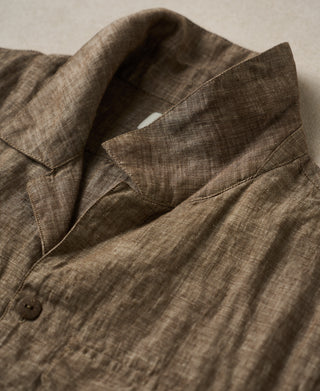 neckline detail of Yarn-dyed Linen Camp-Collar Shirt - Coffee