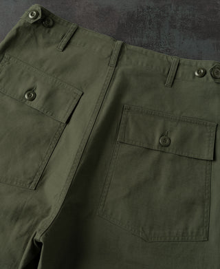 Olive fatigue pants detail: slanted front pockets, stitched seams, and button tabs.