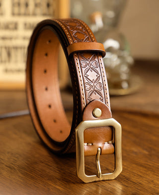 Western Tooled Leather Belt - Brown