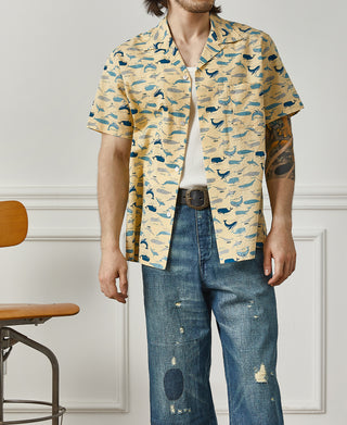 Marine Life Printed Seersucker Short Sleeve Camp Shirt - Light Yellow