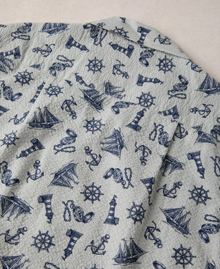 Nautical Printed Seersucker Short Sleeve Camp Shirt - Light Gray