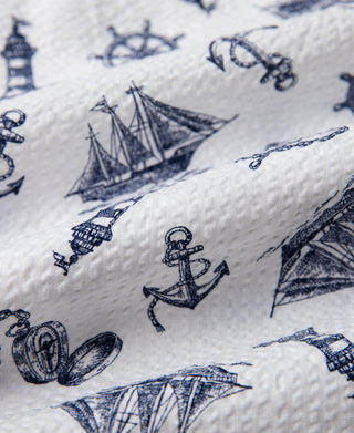 Nautical Printed Seersucker Short Sleeve Camp Shirt - White