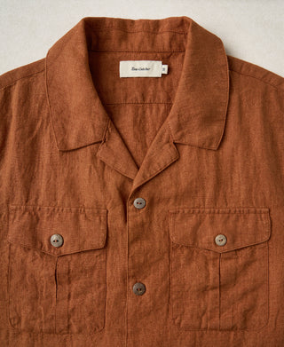 neckline detail of Yarn-dyed Linen Camp-Collar Shirt - Red