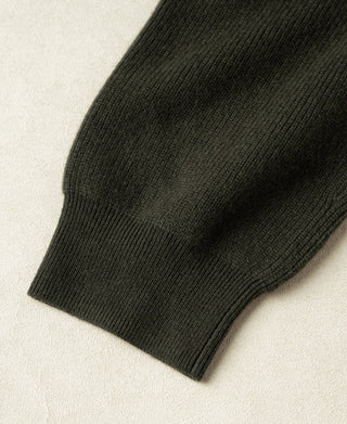 Olive knit cardigan cuff and sleeve hem, ribbed knit texture