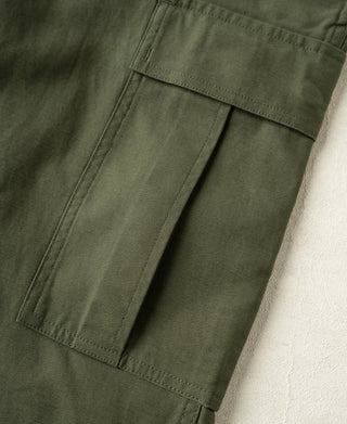 Olive thigh cargo pocket panel with stitched flap and reinforced pocket edges