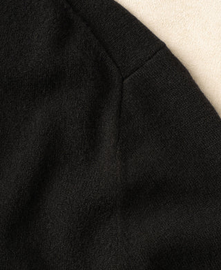 Close-up of black sweater shoulder seam and knit texture