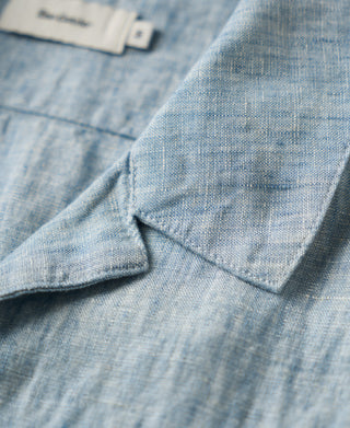 neckline detail of Yarn-dyed Linen Camp-Collar Shirt - Washed Blue