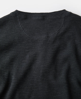 Honeycomb Waffle Knit Henley Long Sleeve T-Shirt - Vintage Black