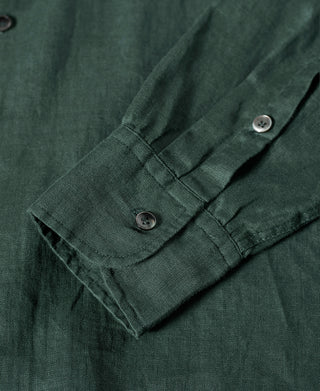 1950s Italian Collar Long-Sleeve Linen Shirt - Dark Green