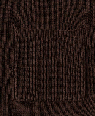 Close-up view of the front patch pocket and textured knit construction on a wool-blend cardigan.