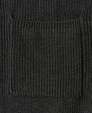 Close-up view of the front patch pocket and textured knit construction on a dark gray wool-blend cardigan.