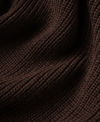 Close-up view of the stand collar and thick rib-knit texture on a coffee cardigan sweater.