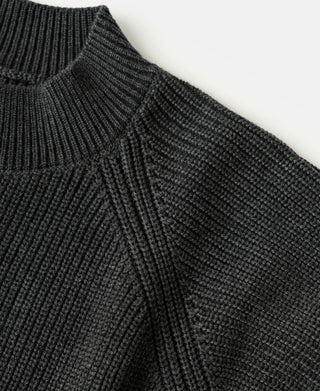 Close-up view of the stand collar, shoulder seam, and textured rib knit construction on a dark gray wool-blend cardigan sweater.