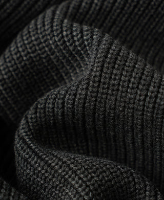 Close-up view of the stand collar and thick rib-knit texture on a dark gray  cardigan sweater.