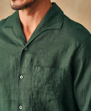 1950s Italian Collar Long-Sleeve Linen Shirt - Dark Green