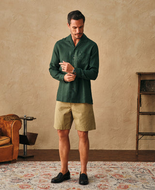 1950s Italian Collar Long-Sleeve Linen Shirt - Dark Green