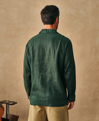 1950s Italian Collar Long-Sleeve Linen Shirt - Dark Green