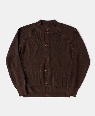 Coffee heavyweight wool-blend cardigan sweater with stand collar, button front, and patch pockets.