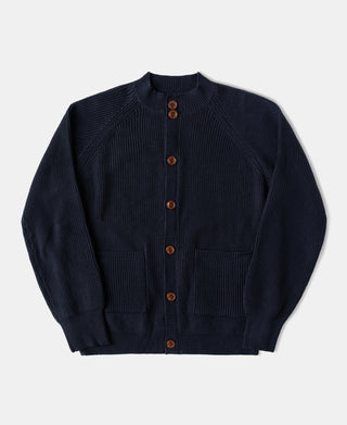 Dark Blue heavyweight wool-blend cardigan sweater with stand collar, button front, and patch pockets.