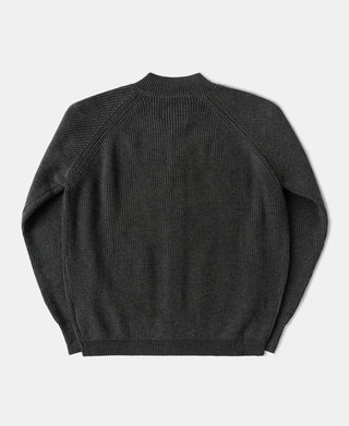 Back view of a heavyweight Dark Gray wool-blend cardigan sweater with a structured knit silhouette.