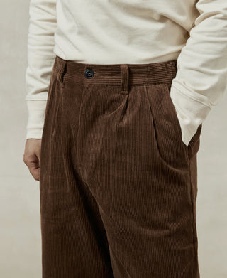 Straight-Leg Double-Pleated Cotton-Corduroy Trousers - Brown