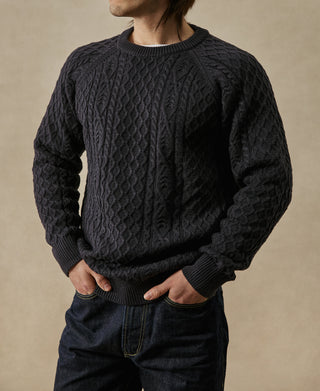 Aran Cable Knit Fisherman Sweater - Gray Blue
