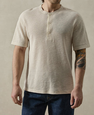 Honeycomb Waffle Knit Henley T-Shirt - Oatmeal