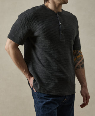 Honeycomb Waffle Knit Henley T-Shirt - Vintage Black