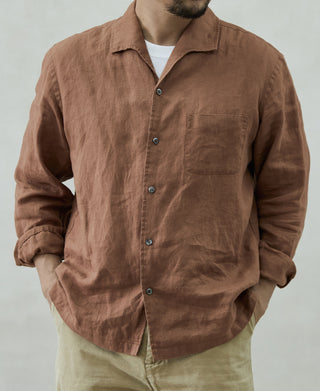 1950s Italian Collar Long-Sleeve Linen Shirt - Brown