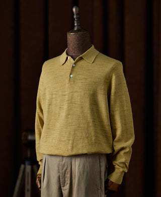 Slub Cotton Long Sleeve Knit Polo - Mustard