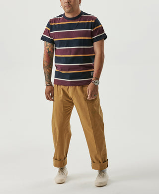 9.8 oz IVY Style Striped T-Shirt - Burgundy Red/Navy