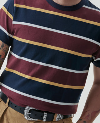 9.8 oz IVY Style Striped T-Shirt - Burgundy Red/Navy