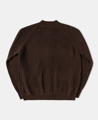 Back view of a heavyweight coffee wool-blend cardigan sweater with a structured knit silhouette.