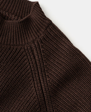 Close-up view of the stand collar, shoulder seam, and textured rib knit construction on a coffee wool-blend cardigan sweater.