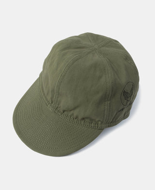 Olive green A-3 flight cap with stitched crown and curved brim, Army Air Forces badge