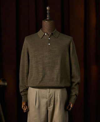 Slub Cotton Long Sleeve Knit Polo - Olive