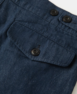 back pocket detail of Indigo Relaxed Double-Pleated Hemp-Cotton Shorts