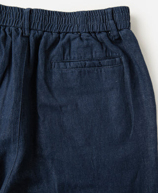 back pocket detail of Indigo Tapered Hemp-Cotton Blend Pants