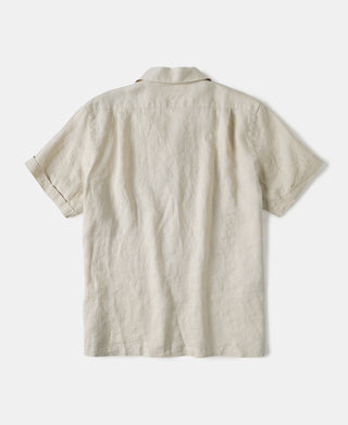 back view of 1950s Italian Collar Linen Short Sleeve Shirt - Beige