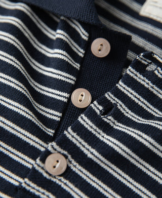 button detail of Nautical Fine Stripe Cotton Knit Polo - Dark Blue Stripe