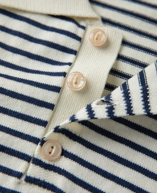 button detail of Nautical Fine Stripe Cotton Knit Polo - White Blue Stripe