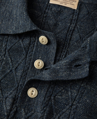button placket detail of Jacquard Melange Yarn Polo Shirt in Navy