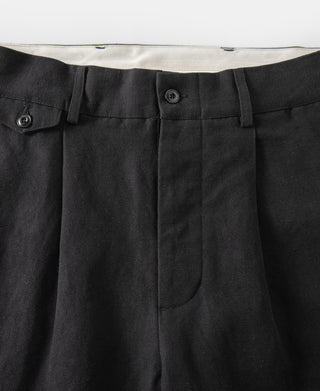 closure detail of Textured Linen-Cotton Trousers – Black