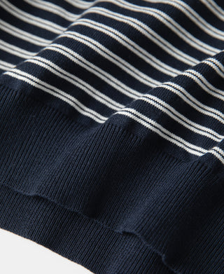 hem detail of Nautical Fine Stripe Cotton Knit Polo - Dark Blue Stripe