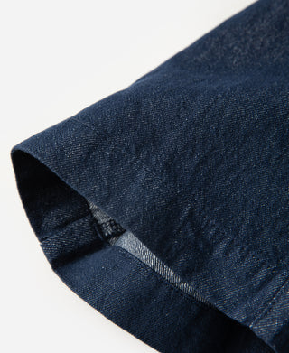 leg opening detail of Indigo Tapered Hemp-Cotton Blend Pants