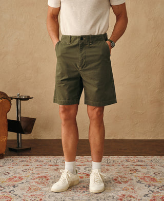lifestyle shot of 1930s Washed Officer Chino Shorts in Olive