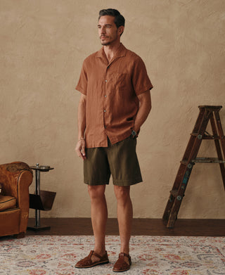 lifestyle shot of 1950s Italian Collar Linen Short Sleeve Shirt - Brown